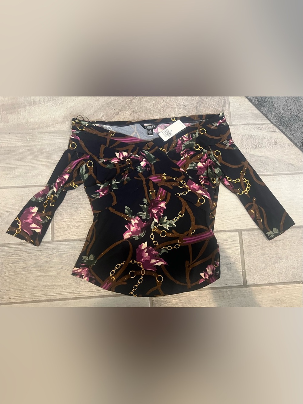Lauren Ralph Lauren Black Floral Chain-Print Off-Shoulder Blouse